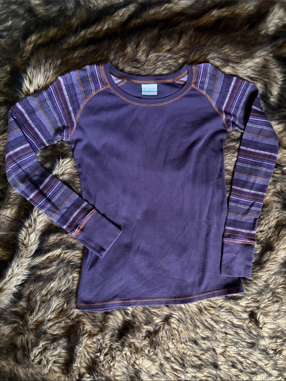 Columbia Womens Purple Waffle Knit Thermal Top Striped Raglan Sleeve Size Large